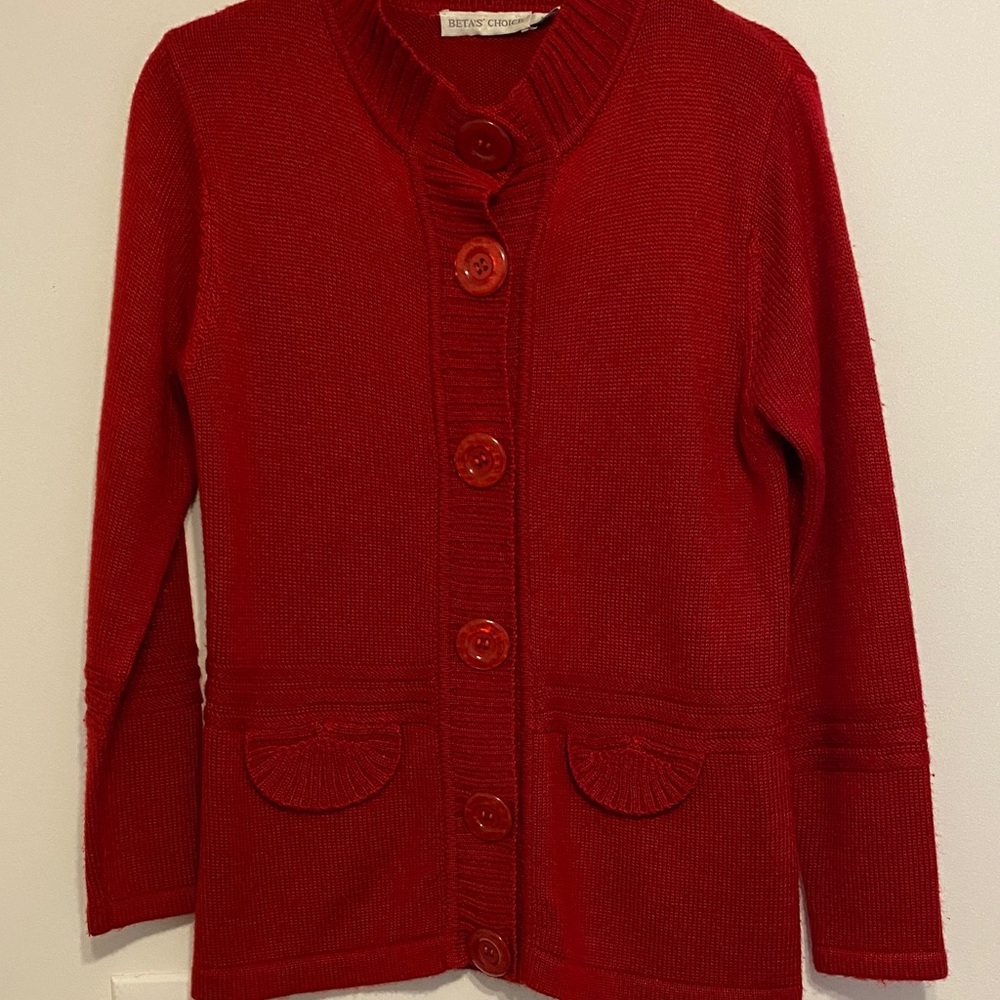 Red Button-Up Knit Cardigan, has some mild piling see pictures, has weight